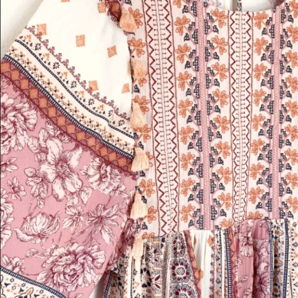 AEO Embroidered Balloon Sleeve Tassel Peasant Patchwork Peplum Top - Picture 6 of 11